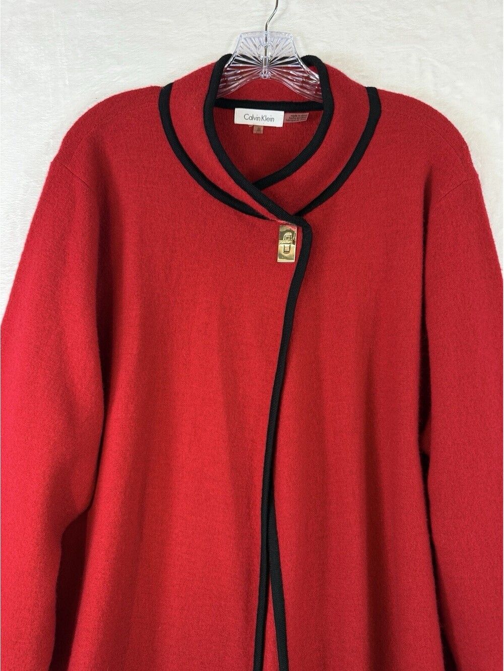 Calvin Klein Cardigan Sweater 2X Boiled Wool Jacket Red Black Gold Closure